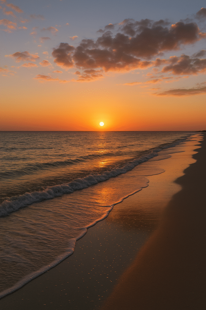 Golden sunset over tranquil beach