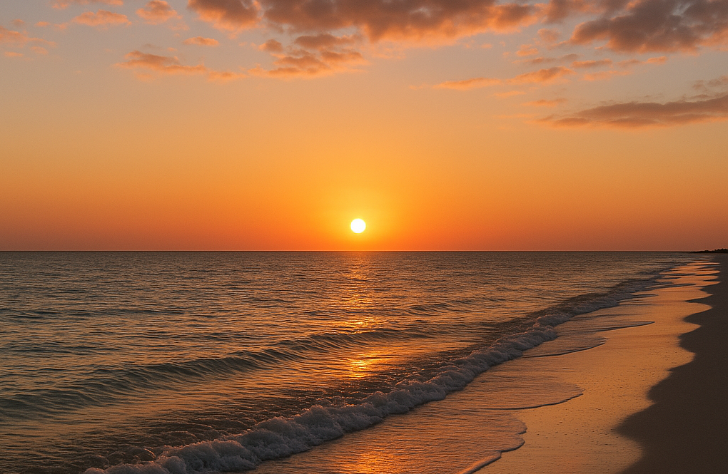 Golden sunset over tranquil beach